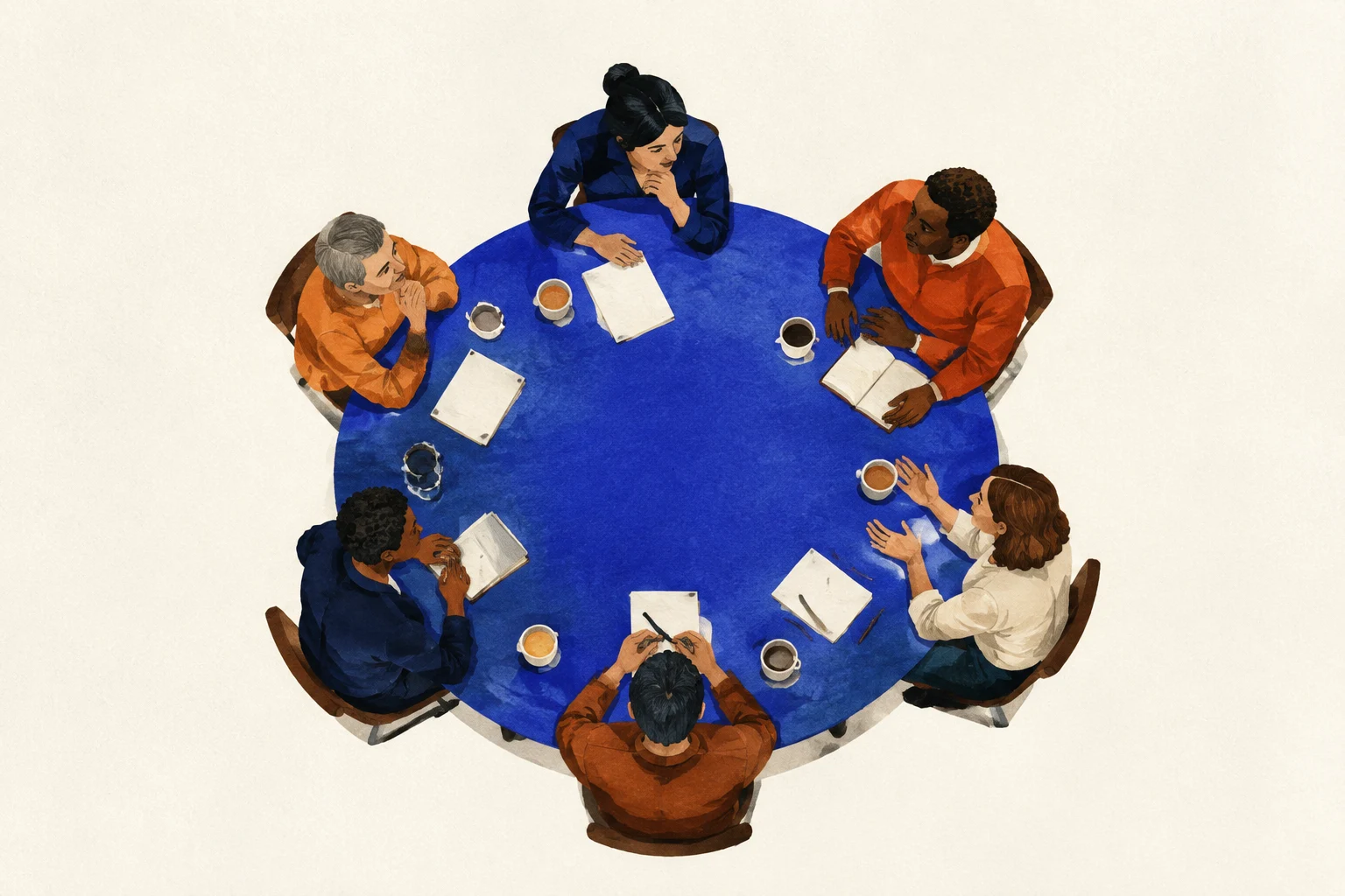An illustration of six people sharing a conversation around a round blue table